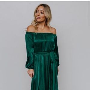 Baltic born emerald green off the shoulder dress.
